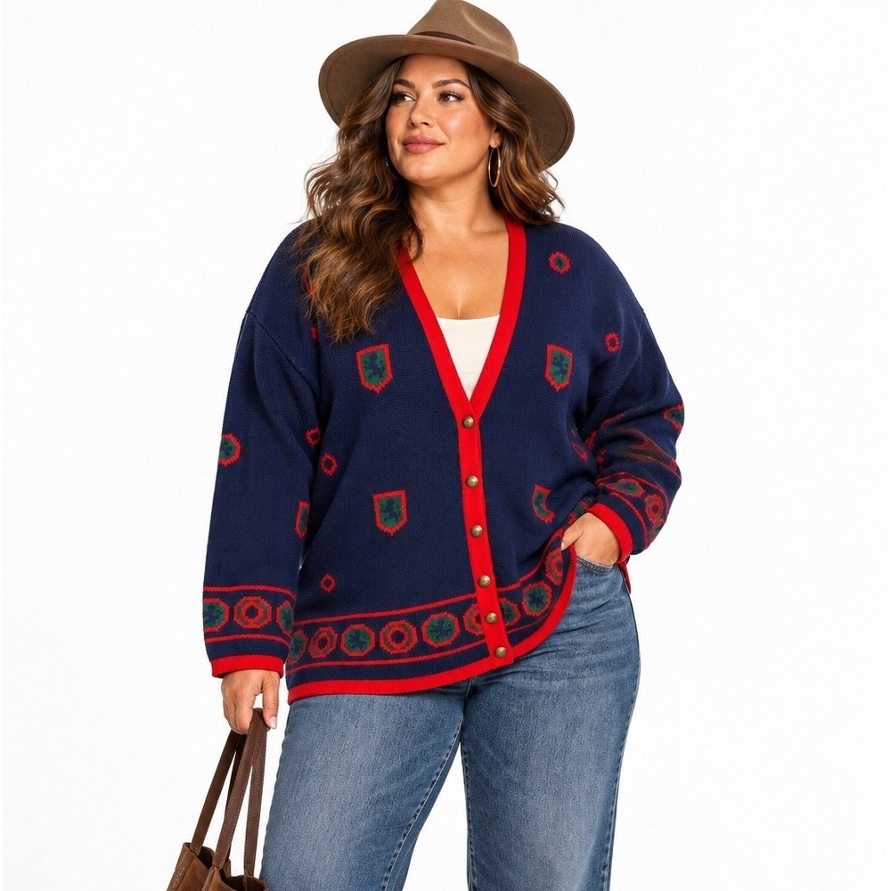 Vintage Pendleton 2X Virgin Wool Cardigan Navy Red Crest Button Front USA Made